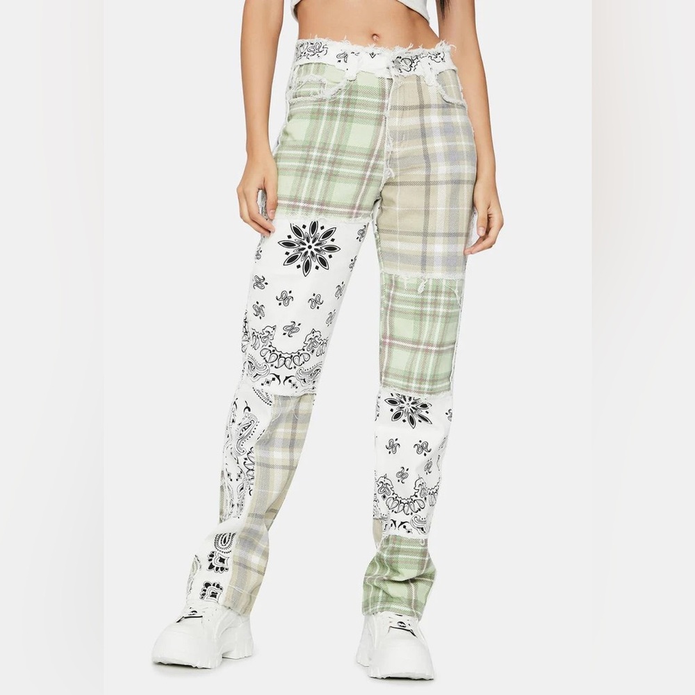 Jaded London Green and White Patchwork Pants